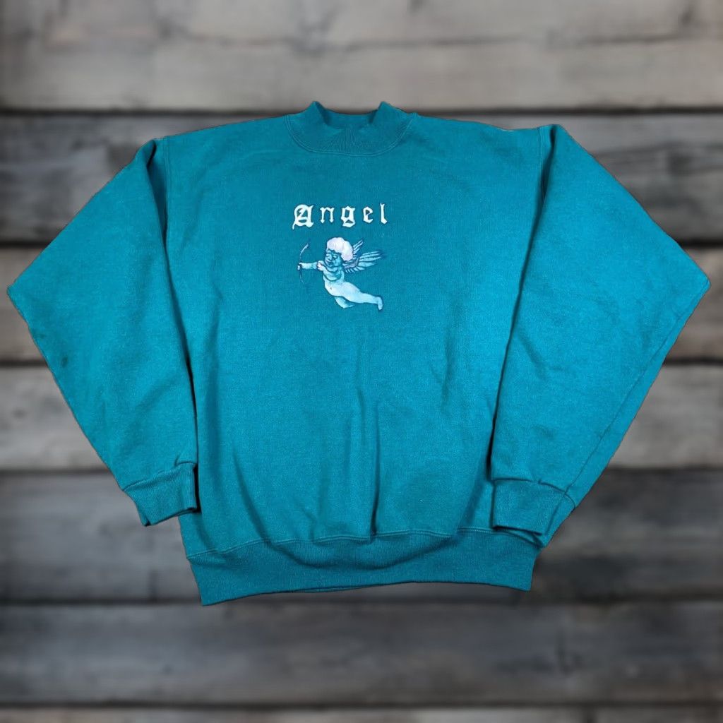 Hanes VTG 80s Angel Cupid Print Mock Neck Sweatshirt Hanes Large Green Men's Pullover 50/50 Tag Size US L / EU 52-54 / 3 - 1 Thumbnail