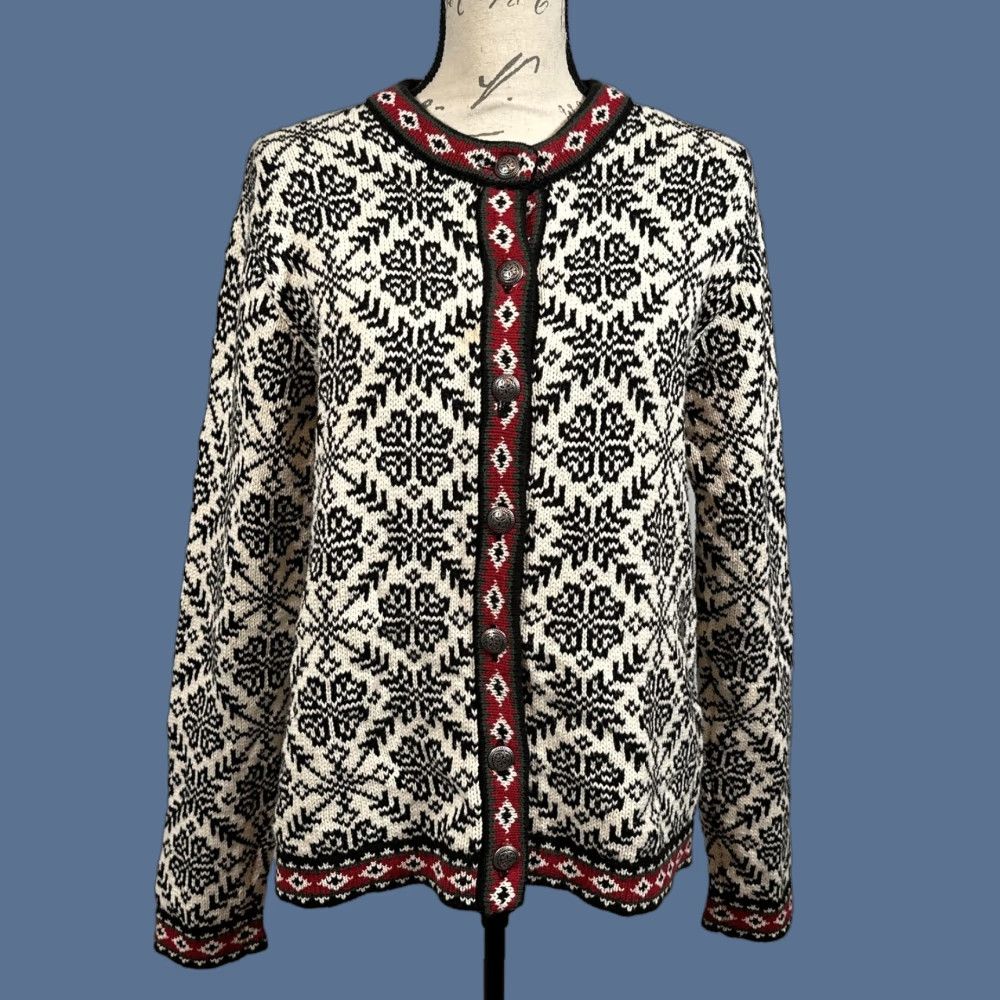 Vintage VINTAGE L.L.Bean Cardigan Sweater Women’s Medium Black White Fair Isle Button Front Knit 90s Christmas Holiday Nordic Crew Neck Mens? Women? Size M / US 6-8 / IT 42-44 - 1 Thumbnail