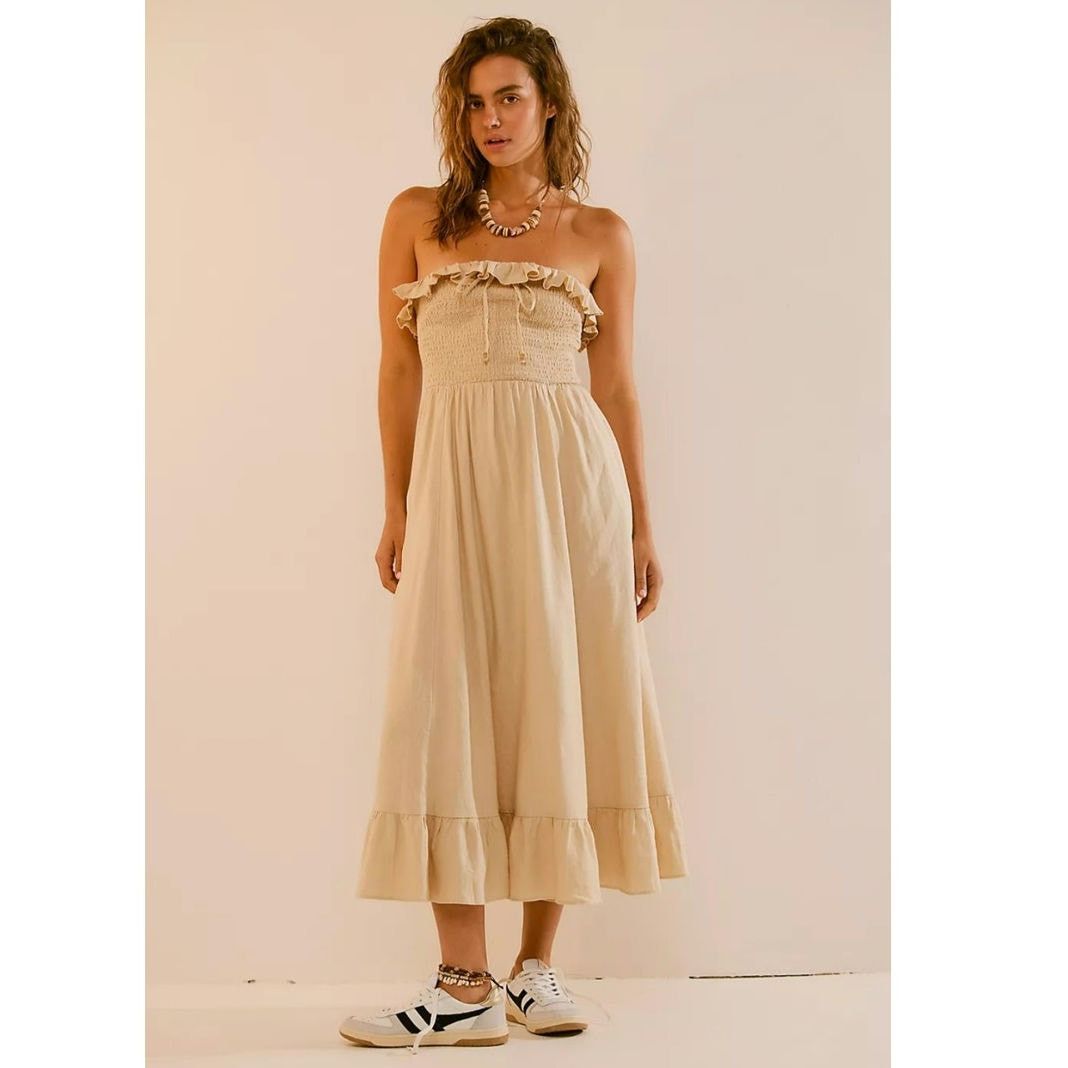 Free People New Lush Life Linen Strapless Midi Dress $98 LARGE Sand Size L / US 10 / IT 46 - 1 Thumbnail