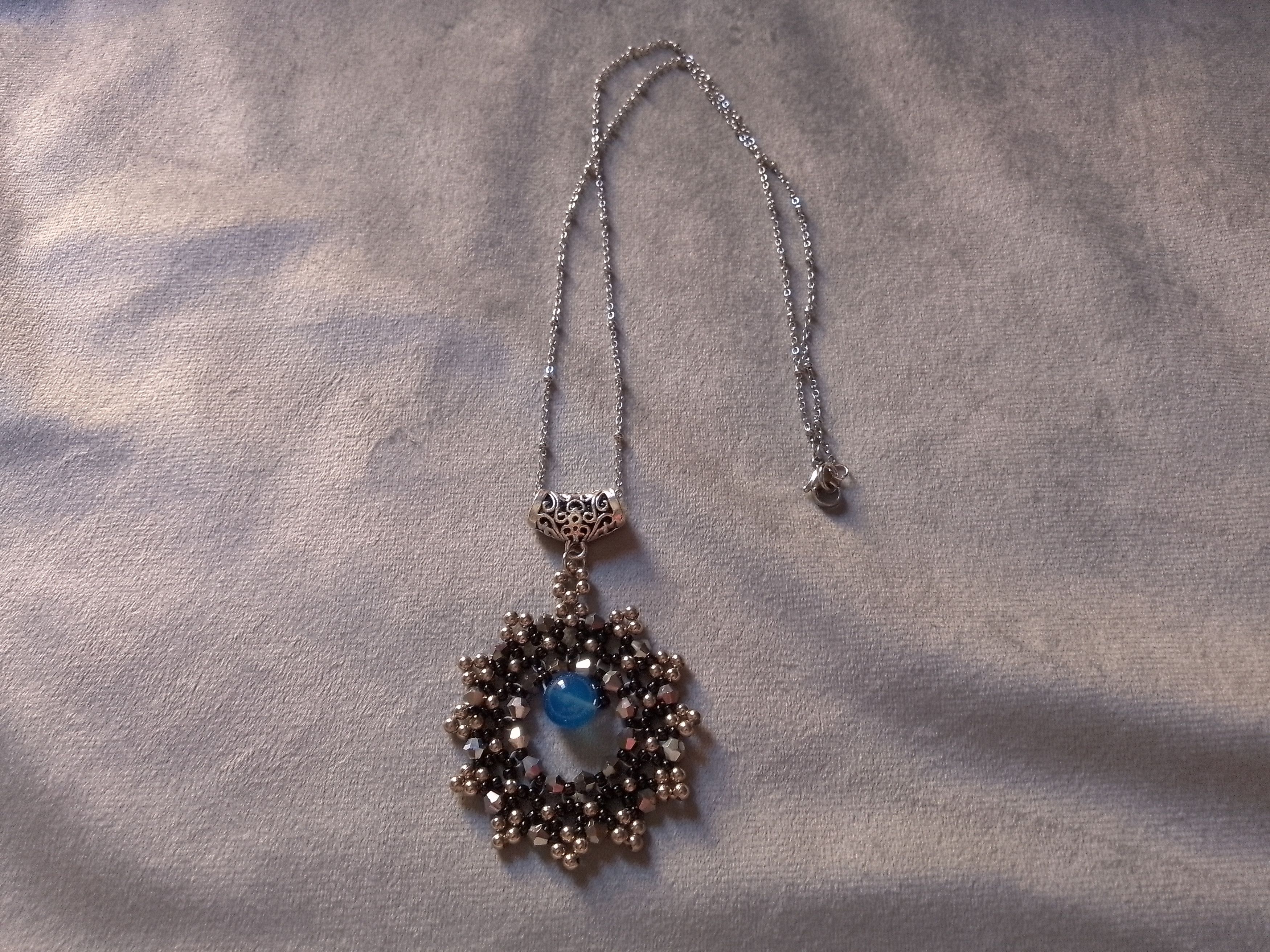 Handmade Long Necklace Rhodium plated. Blue Agate gemstone pendant Size ONE SIZE - 1 Thumbnail