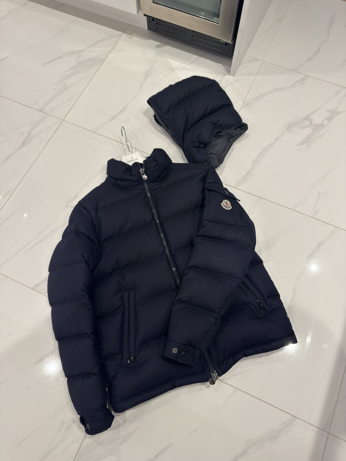 Moncler Montgenevre Hooded Wool Flannel Short Down Jacket Navy Size US XL / EU 56 / 4 - 4 Thumbnail