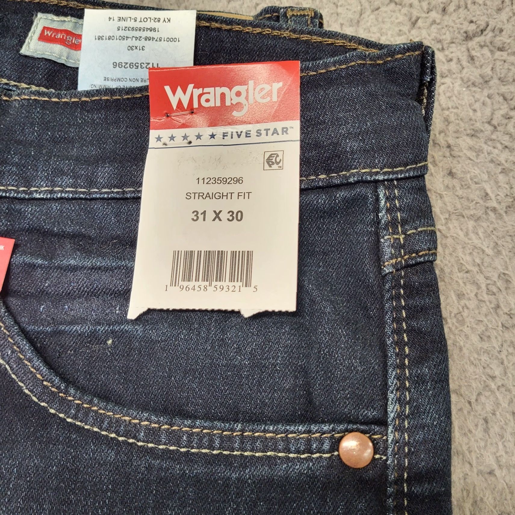 Wrangler Wrangler Jeans Mens 31x30 Five Star Premium Straight Fit Stretch Banks Blue Denim Jeans Regular Mens 31 Blue Cowboy USA 5-Pocket Design Size US 31 - 4 Thumbnail