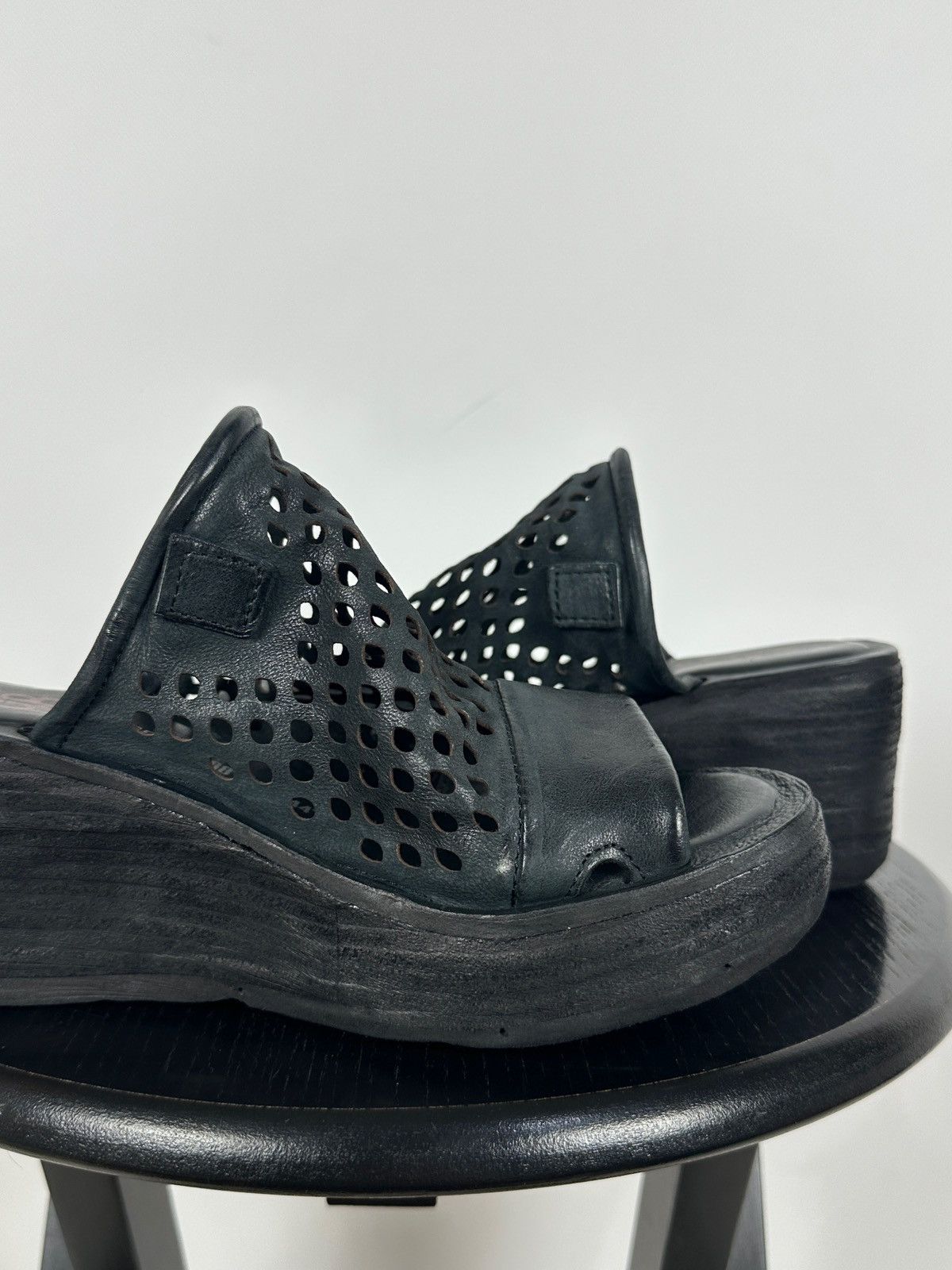 A.S.98 A.S.98 Black Perforated Leather Platform Slide Mules Sandals Size US 7 / IT 37 - 18 Thumbnail
