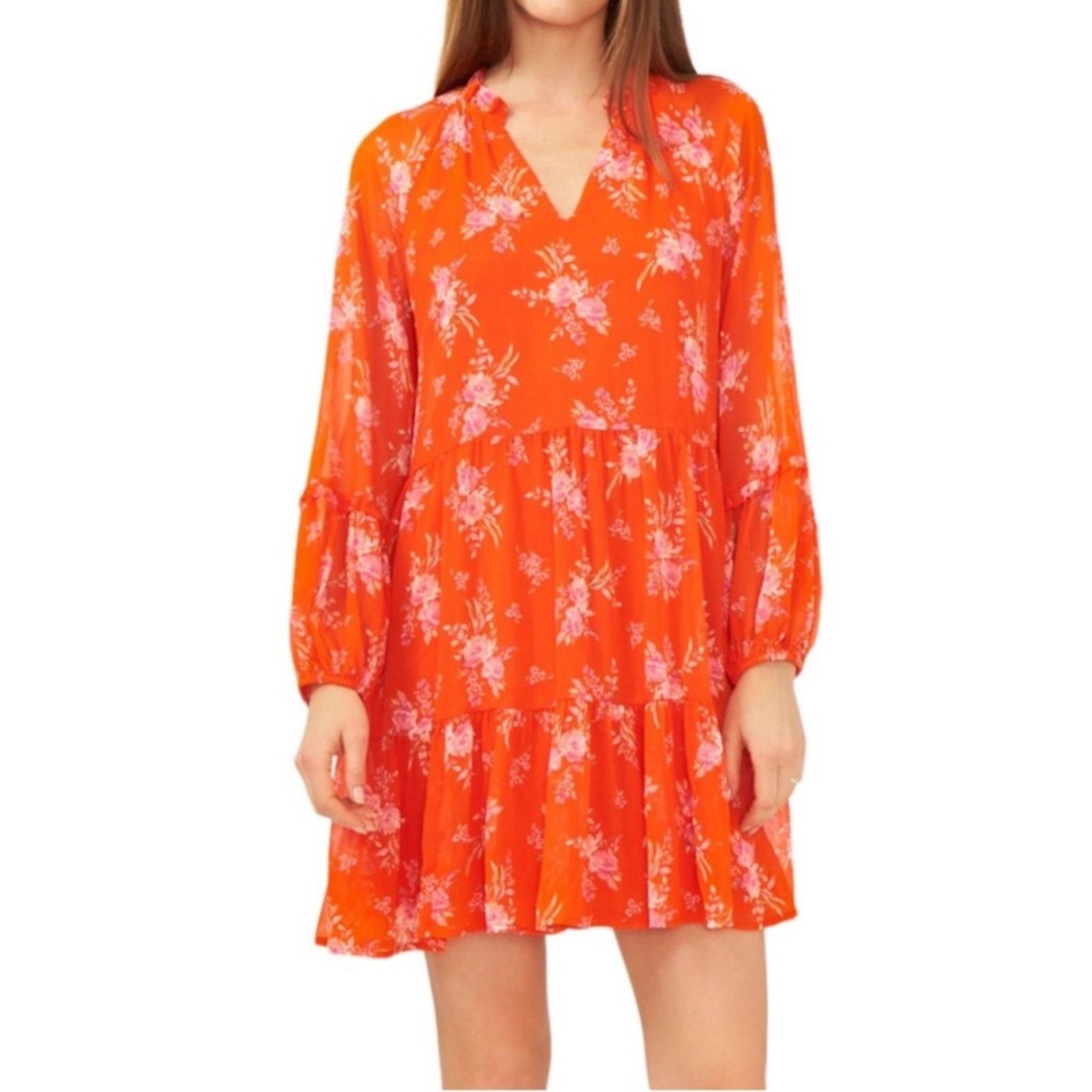 Vince Camuto Vince Camuto Orange/Pink Floral Boho Tunic Dress Size S Size S / US 4 / IT 40 - 1 Thumbnail