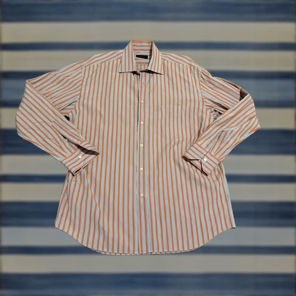 Canali Canali Long Sleeve Dress Shirt Orange Blue Mens 42 16.5 Striped Cotton Button Collar Italy Regular Men Size 42R - 1 Thumbnail
