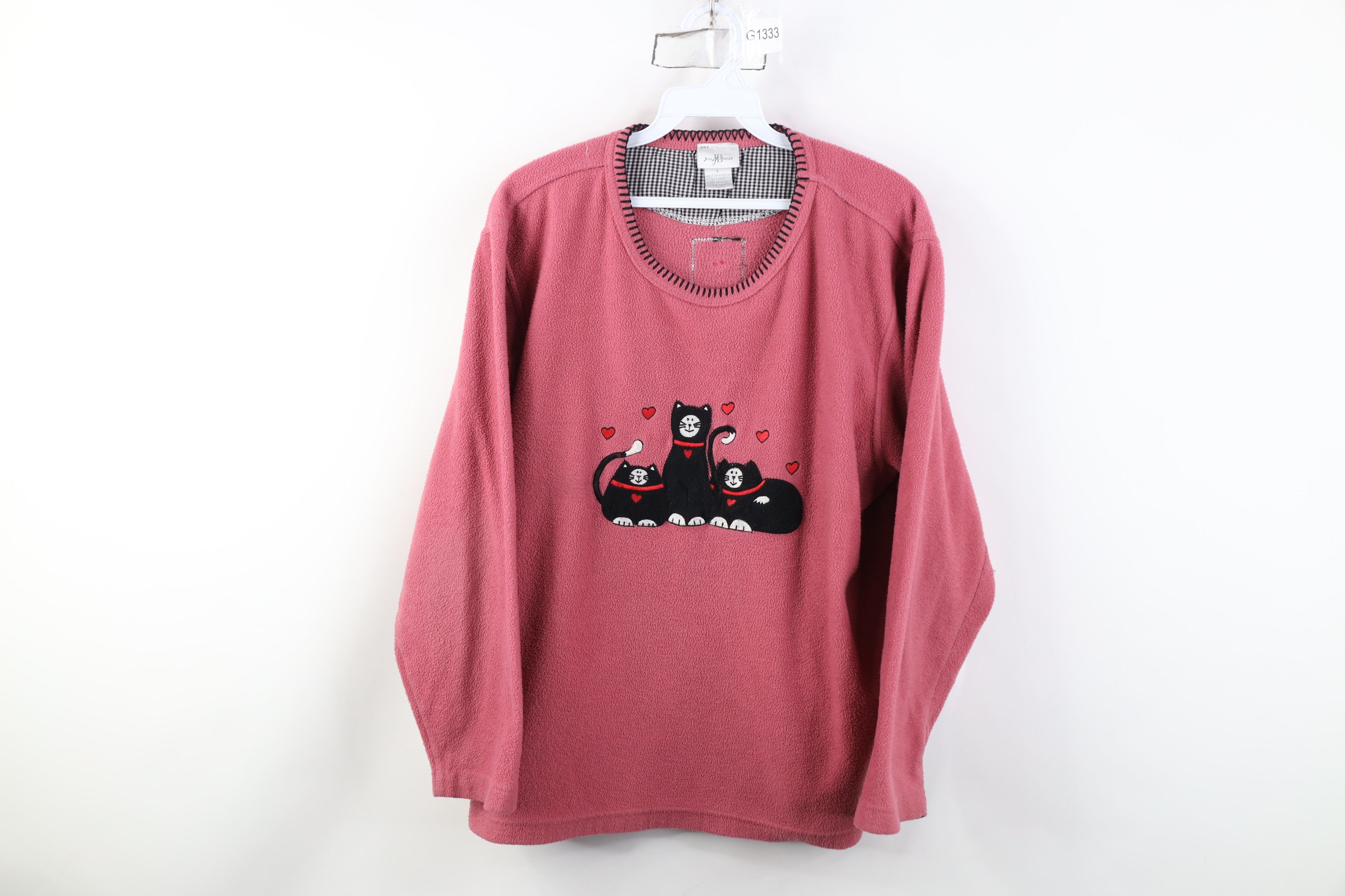 Vintage Vintage 90s Streetwear Cat Kitten Heart Fleece Sweater Pink Size L / US 10 / IT 46 - 1 Thumbnail