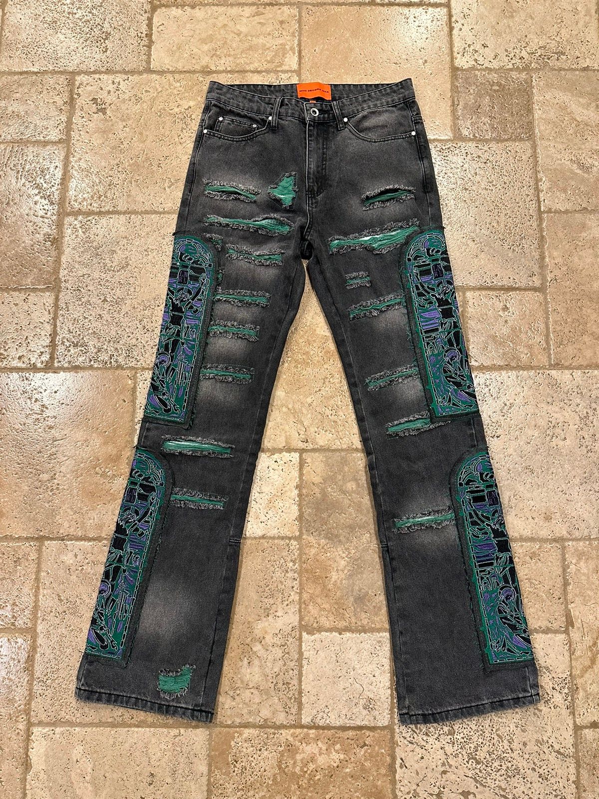 Pre-owned Who Decides War Wdw Catherdral Patch Fusion Flare Denim In Charcoal