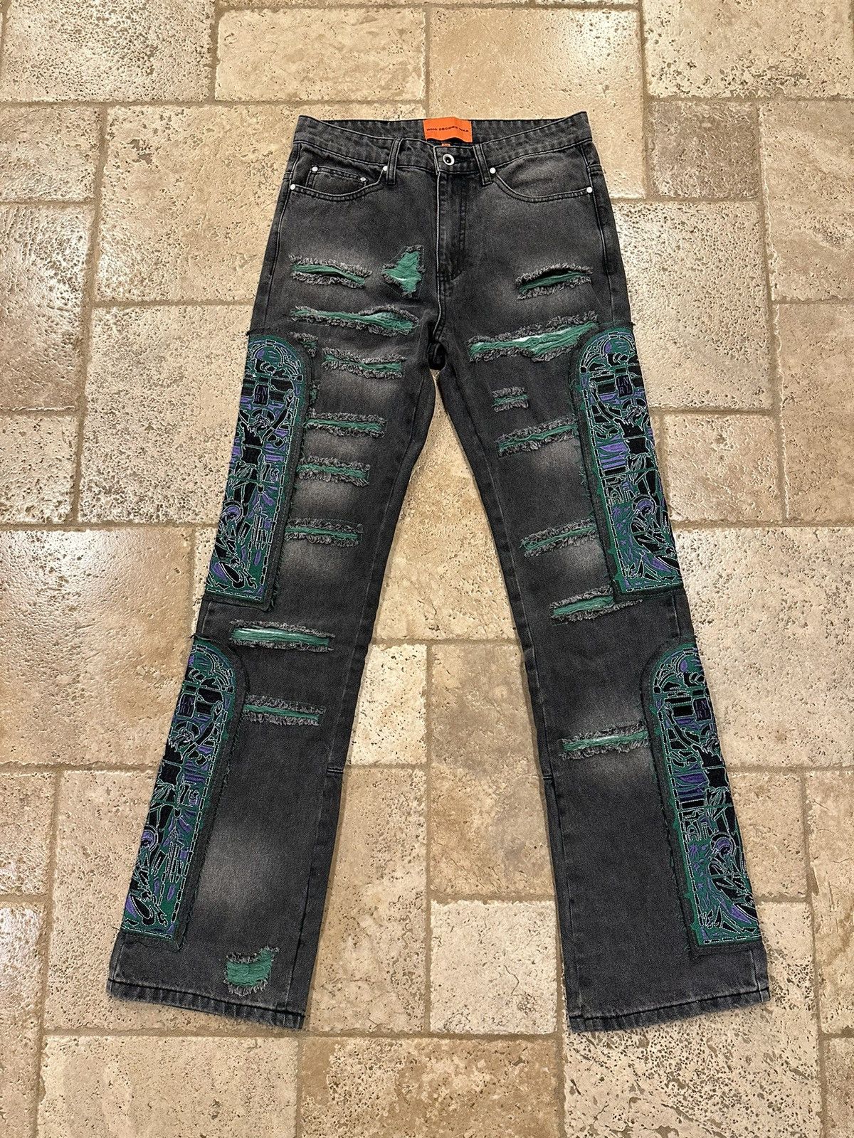 image of Who Decides War Wdw Catherdral Patch Fusion Flare Denim in Charcoal, Men's (Size 30)