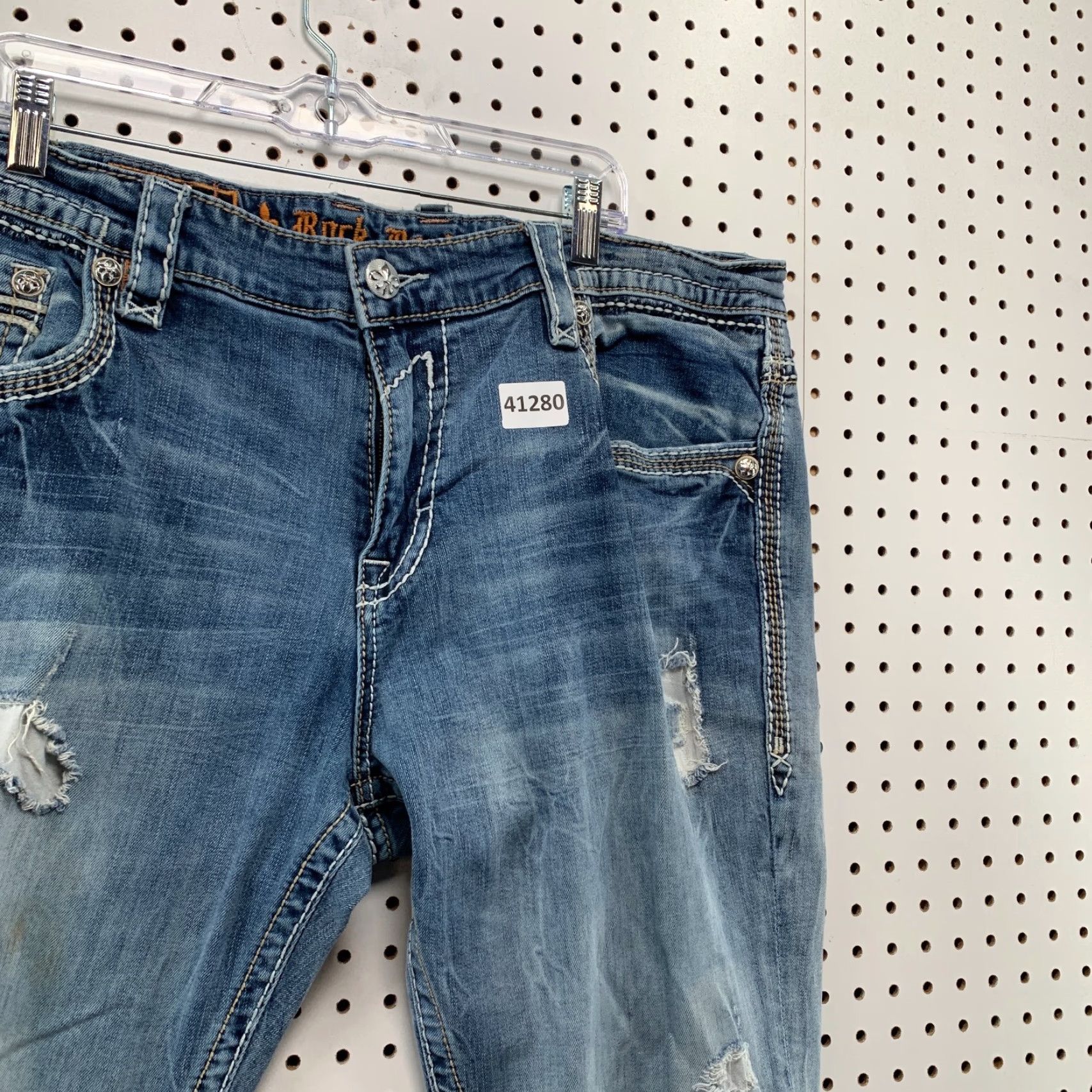 VINTAGE Rock Revival Denim Jeans Mens 42x31 Blue Distressed Straight Y2K Embroidered