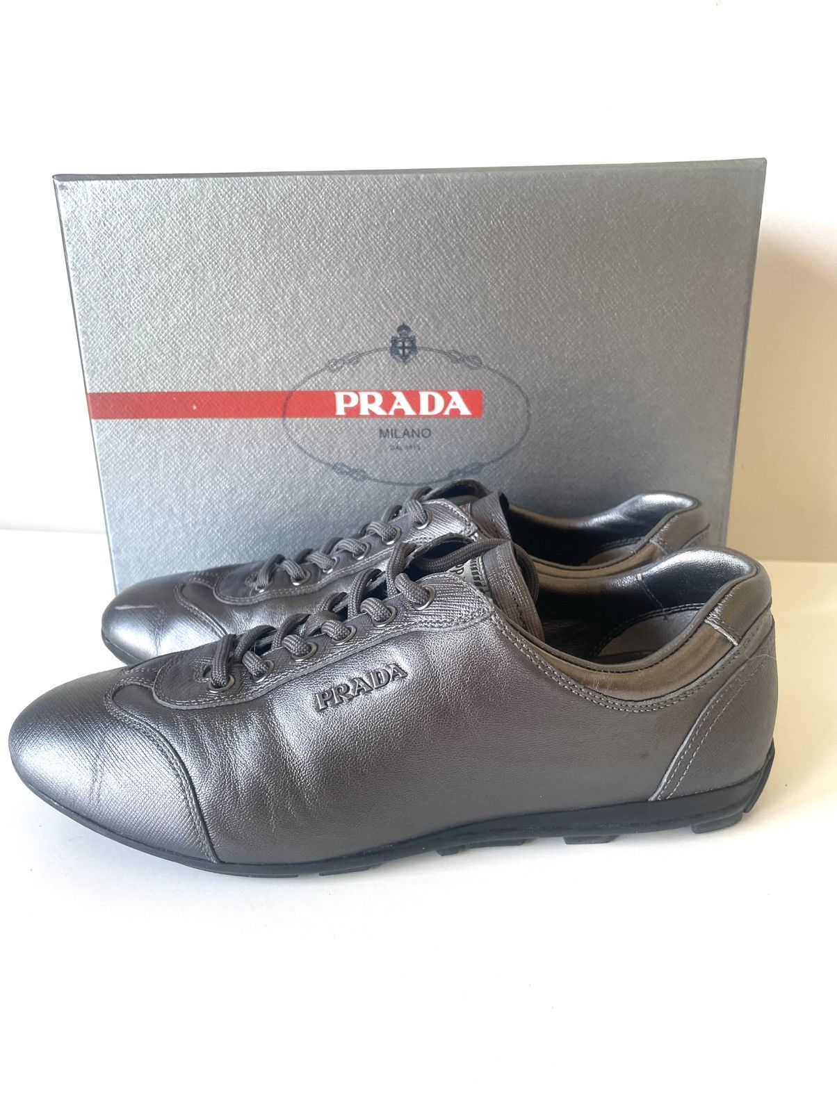 Prada Prada women’s leather sneakers in grey with original box Size US 7.5 / IT 37.5 - 1 Thumbnail