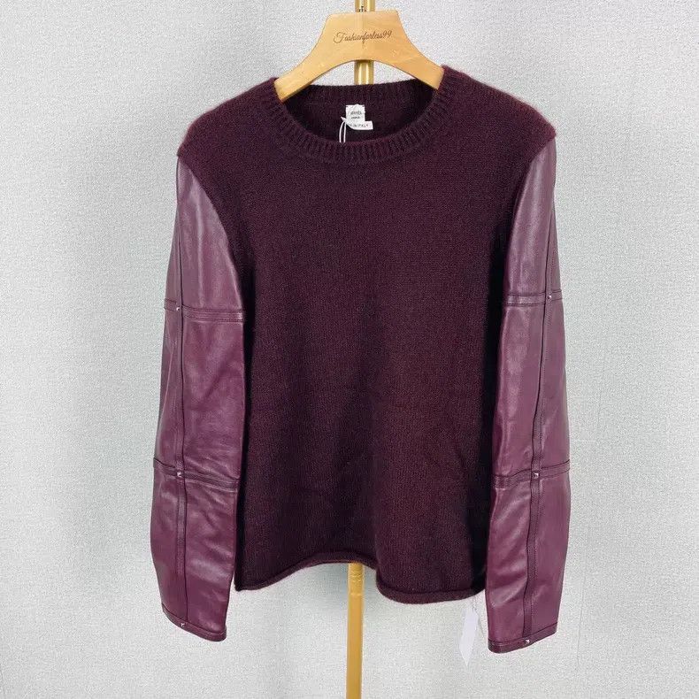 Hermes Hermes Burgundy Long Sleeve Leather Knit Top Size S / US 4 / IT 40 - 1 Thumbnail