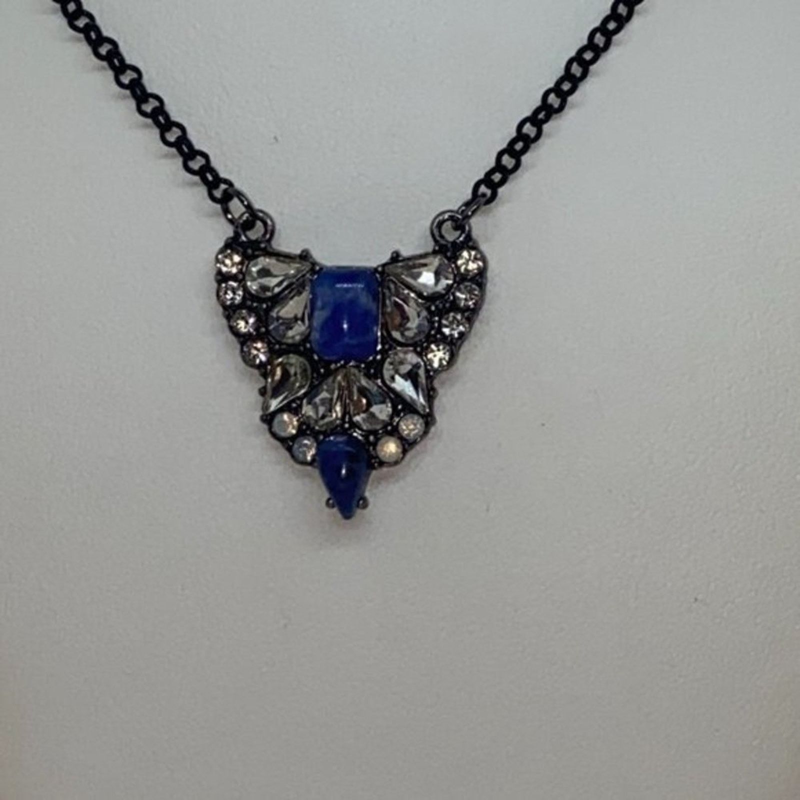 Handmade Black-Tone Blue Clear Rhinestone Necklace Size ONE SIZE - 2 Thumbnail