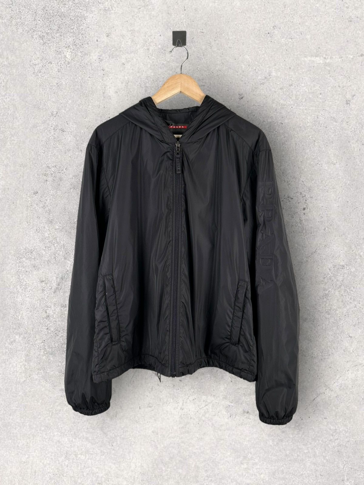 image of Prada Lightweight Jacket Hooded Logo Sleeve Streetwear in Black, Men's (Size XL)