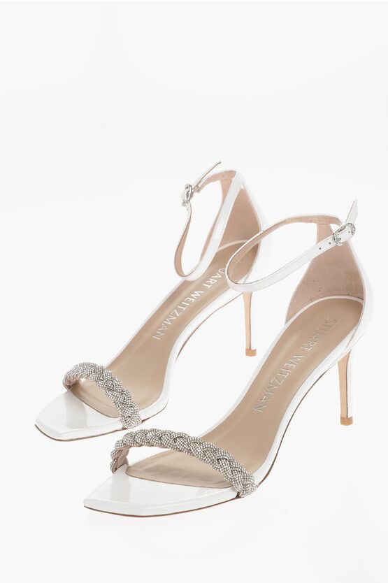 image of Stuart Weitzman Patent Leather Sandals With Braided Rhinestoned Detail in White, Women's (Size 6)
