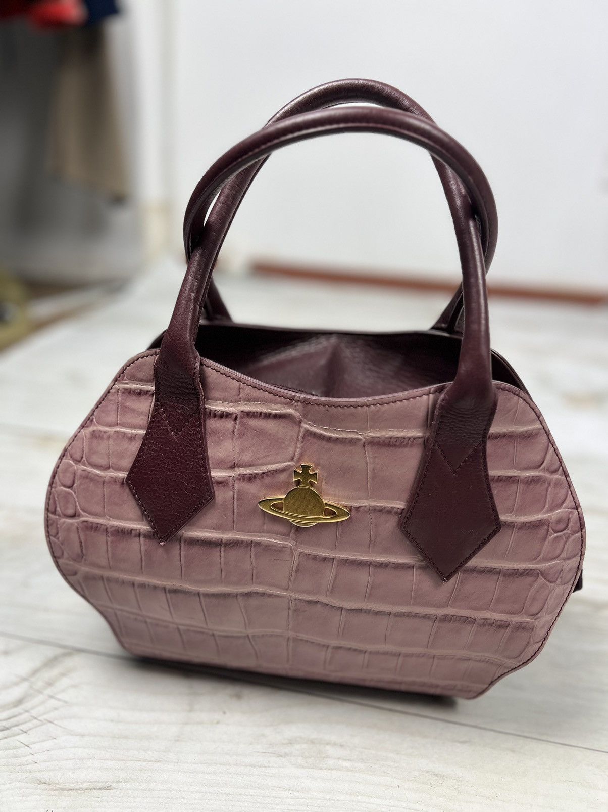 image of Vintage Vivienne Westwood Cros Hand Leather Bag Metal Orb Logo in Pink, Men's