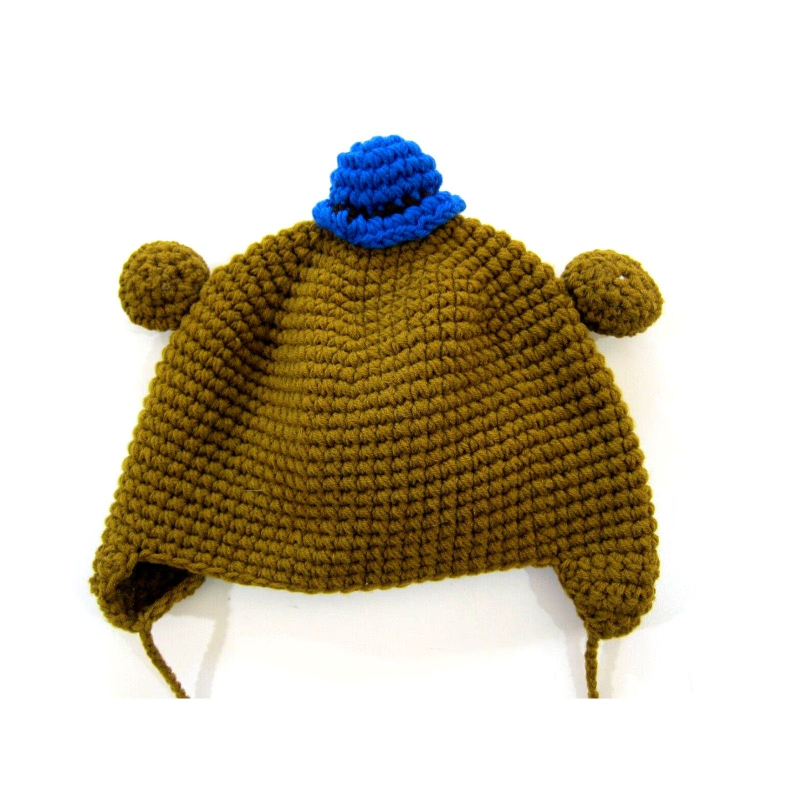 Vintage Handmade Beanie Hat Adult Large Brown Monkey Blue Warm Cozy Cable Knit 100% Cotton Unisex Size ONE SIZE - 5 Thumbnail