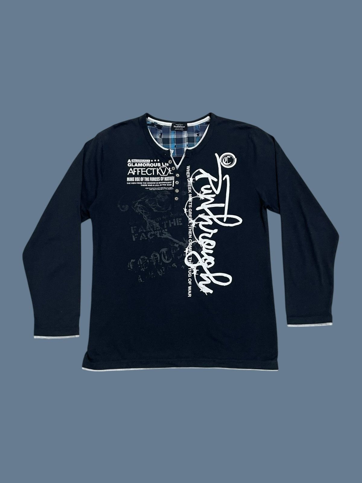 Japanese Brand Doublefocus Layered Y2K Graffiti Wording Tartan Button Neck Size US L / EU 52-54 / 3 - 1 Thumbnail