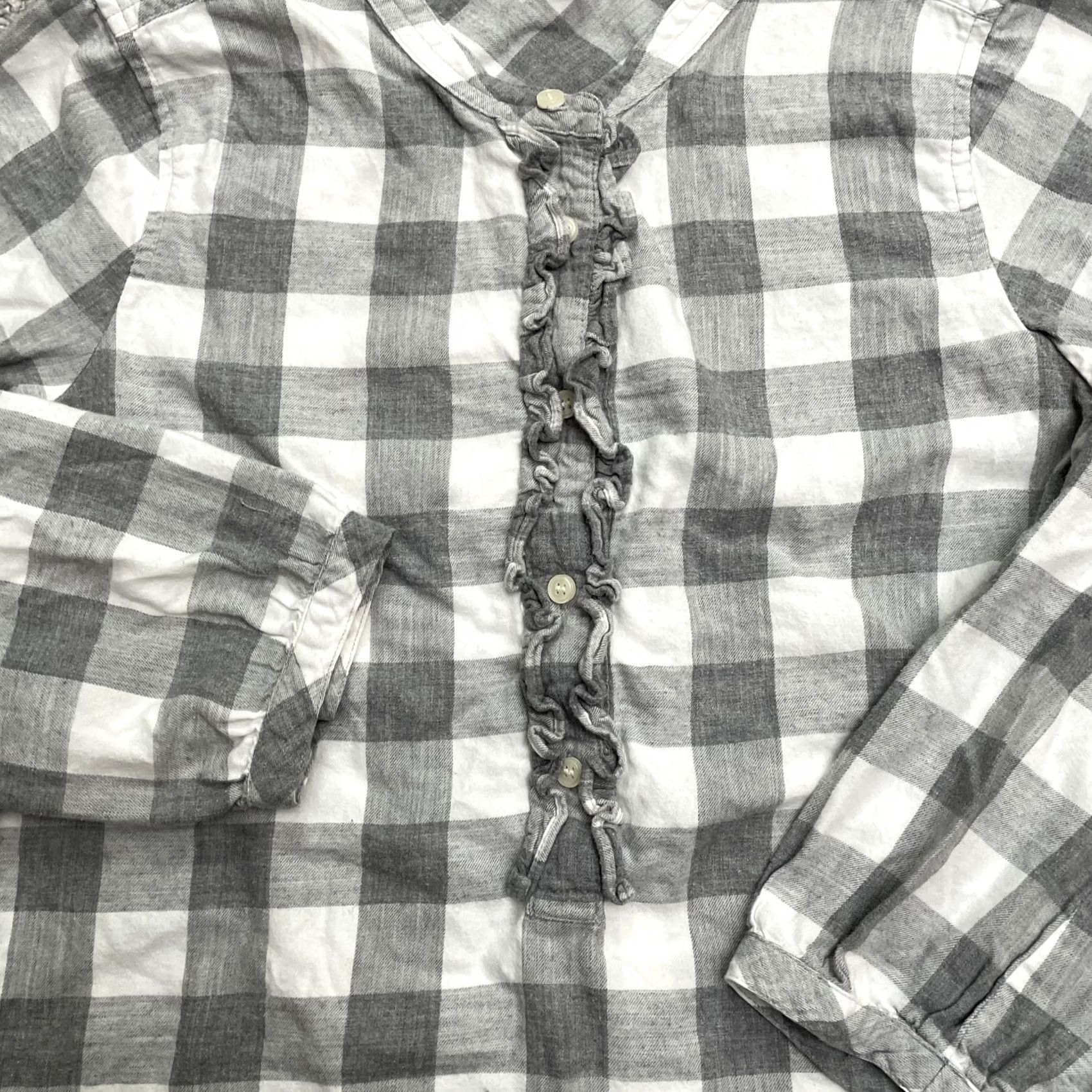 J.Crew J.CREW Blouse Shirt Casual Womens XS Gray Check Button Up Ruffle Bib Lace Bow 100% Cotton Size XS / US 0-2 / IT 36-38 - 4 Thumbnail