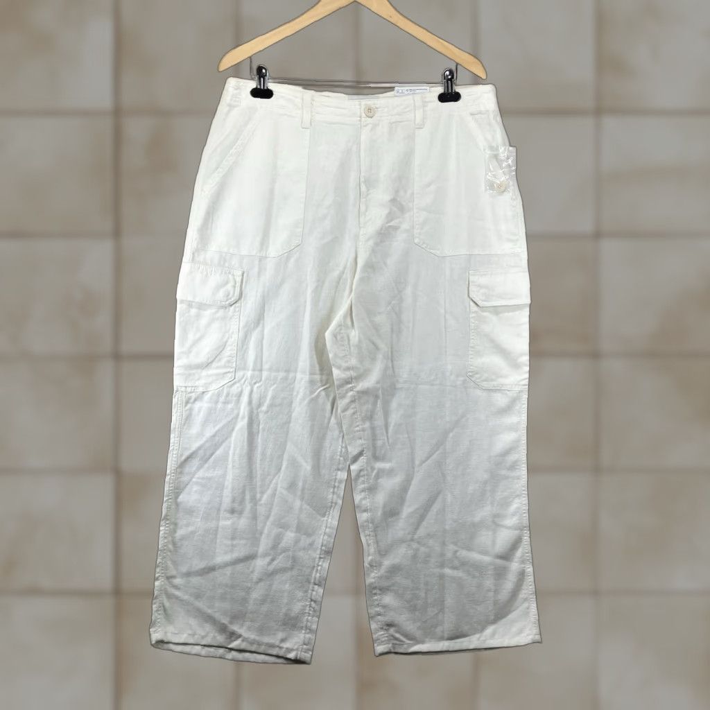 Vintage Women's Linen Cotton Blend Pants Cargo 16 NWT Mid Rise Straight Wide White Size 38" / US 16 / IT 52 - 1 Thumbnail