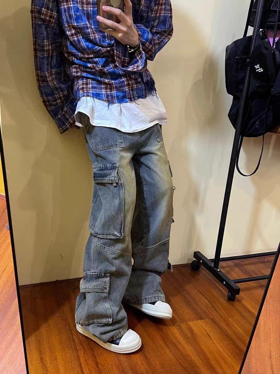 image of Vintage Washed Multi-Pocket Cargo Jeans in Yellow Mud Dye, Men's (Size 32)