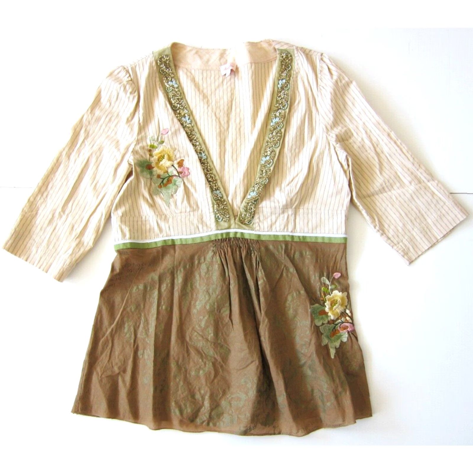 Whistles Whistles Blouse 100% Cotton Brown Green Floral Beaded V-Neck 3/4 Sleeve 12 Vintage Womens Shirt Size XL / US 12-14 / IT 48-50 - 7 Thumbnail