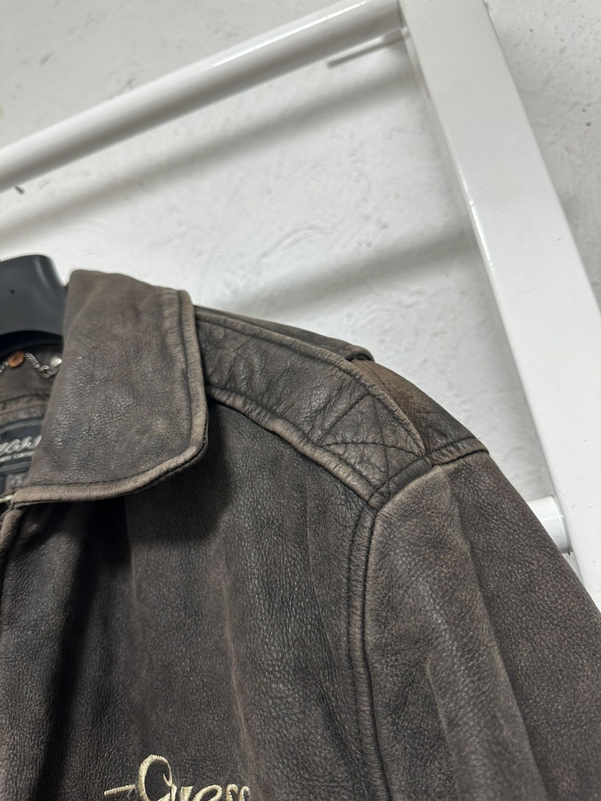 Vintage Guess Men’s Leather Jacket, Brown, Size M