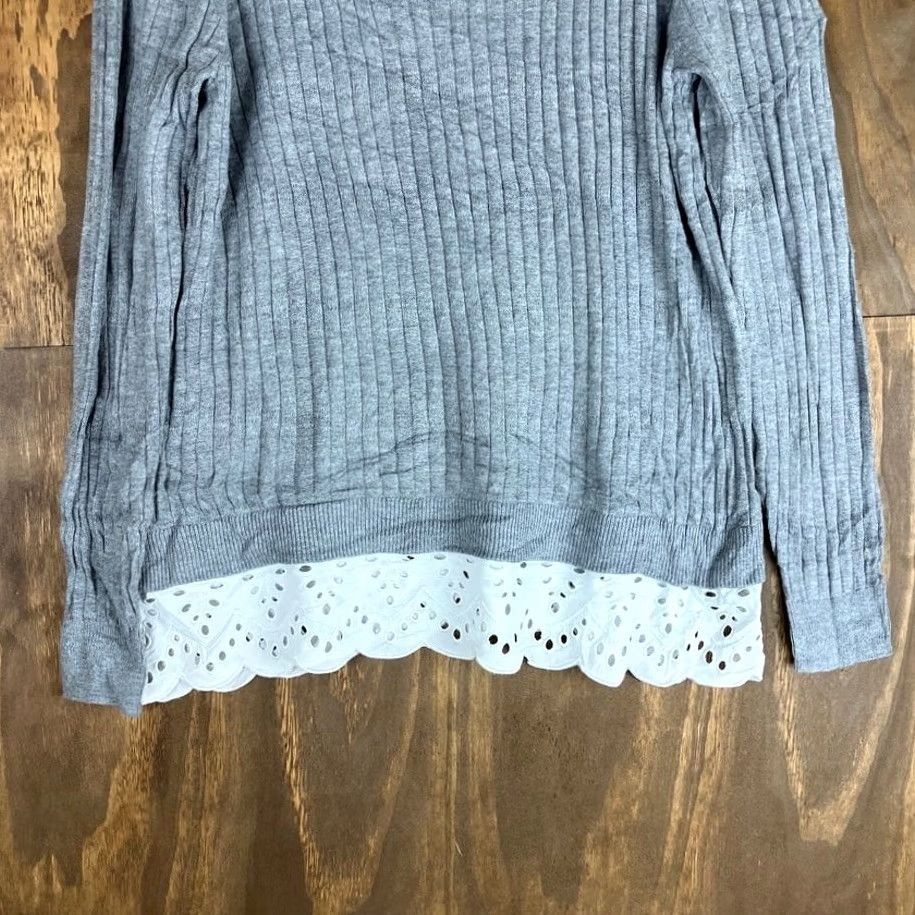 Loft LOFT Womens Sweater Gray White Ribbed Lace Trim Crew Neck Long Sleeve Large Size L / US 10 / IT 46 - 3 Thumbnail