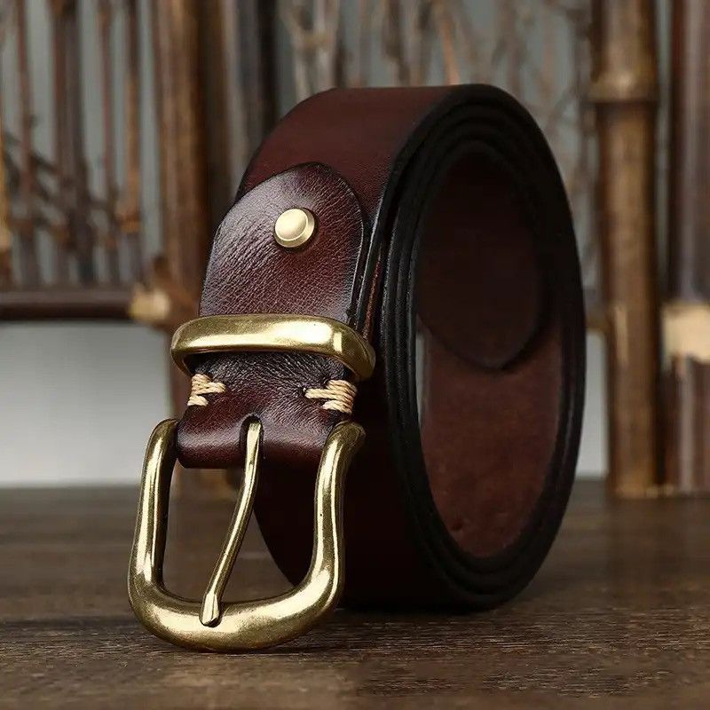 Leather × Vintage Cowhide Genuine Leather High Quality Jean Brass Buckle Belts Size ONE SIZE - 1 Thumbnail