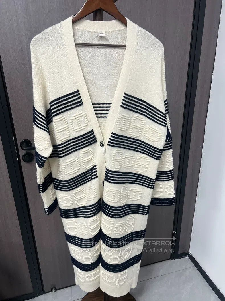 Hermes Pig Nose Striped Long Knit Cardigan 64% Cashmere +
