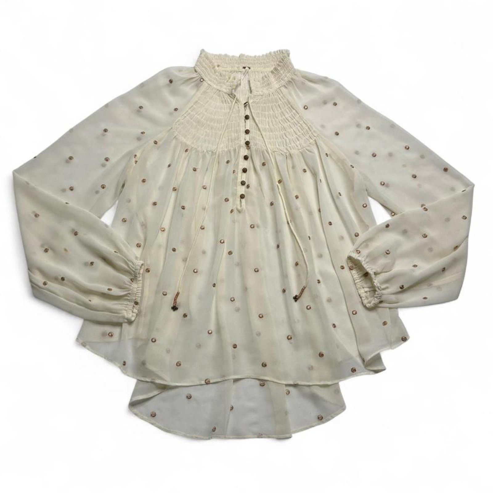 Free People Free People Ready to Run Dot Smocked Blouse Top Cream Sheer Size L / US 10 / IT 46 - 6 Thumbnail