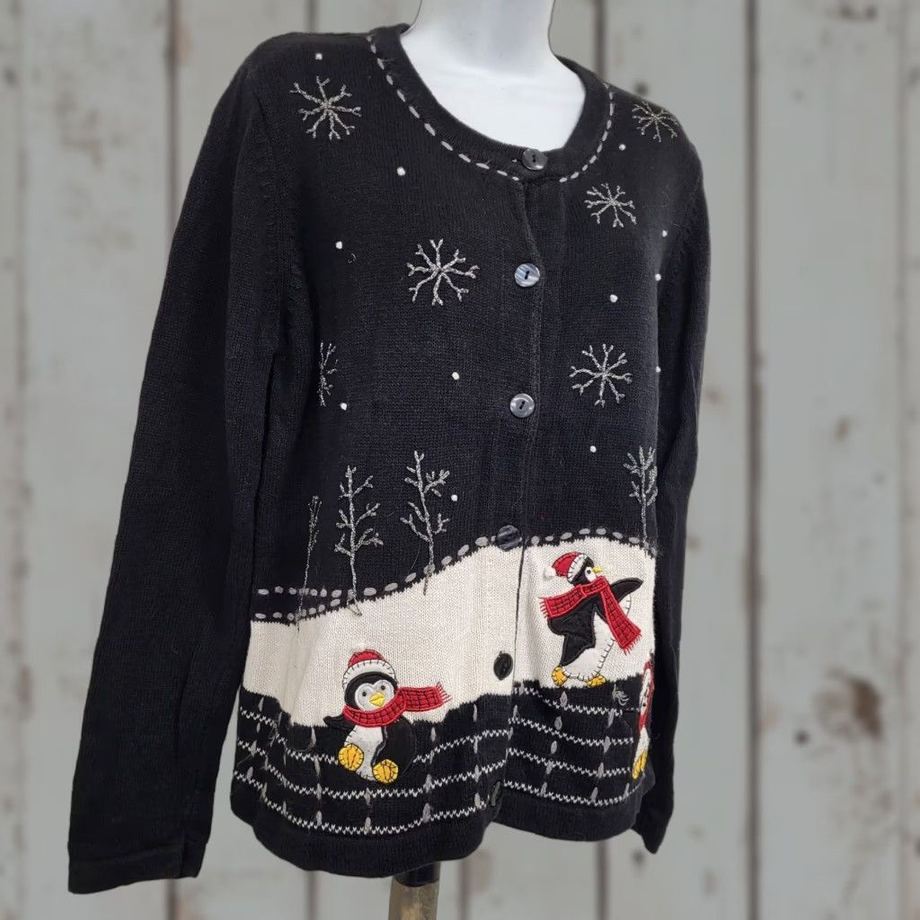 Vintage VINTAGE White Stag Cardigan Womens Large Black Winter Penguin Snowflake Knit Casual Cardigan Winter Snowflake Penguin 80s 90s Christmas Retro Size L / US 10 / IT 46 - 1 Thumbnail