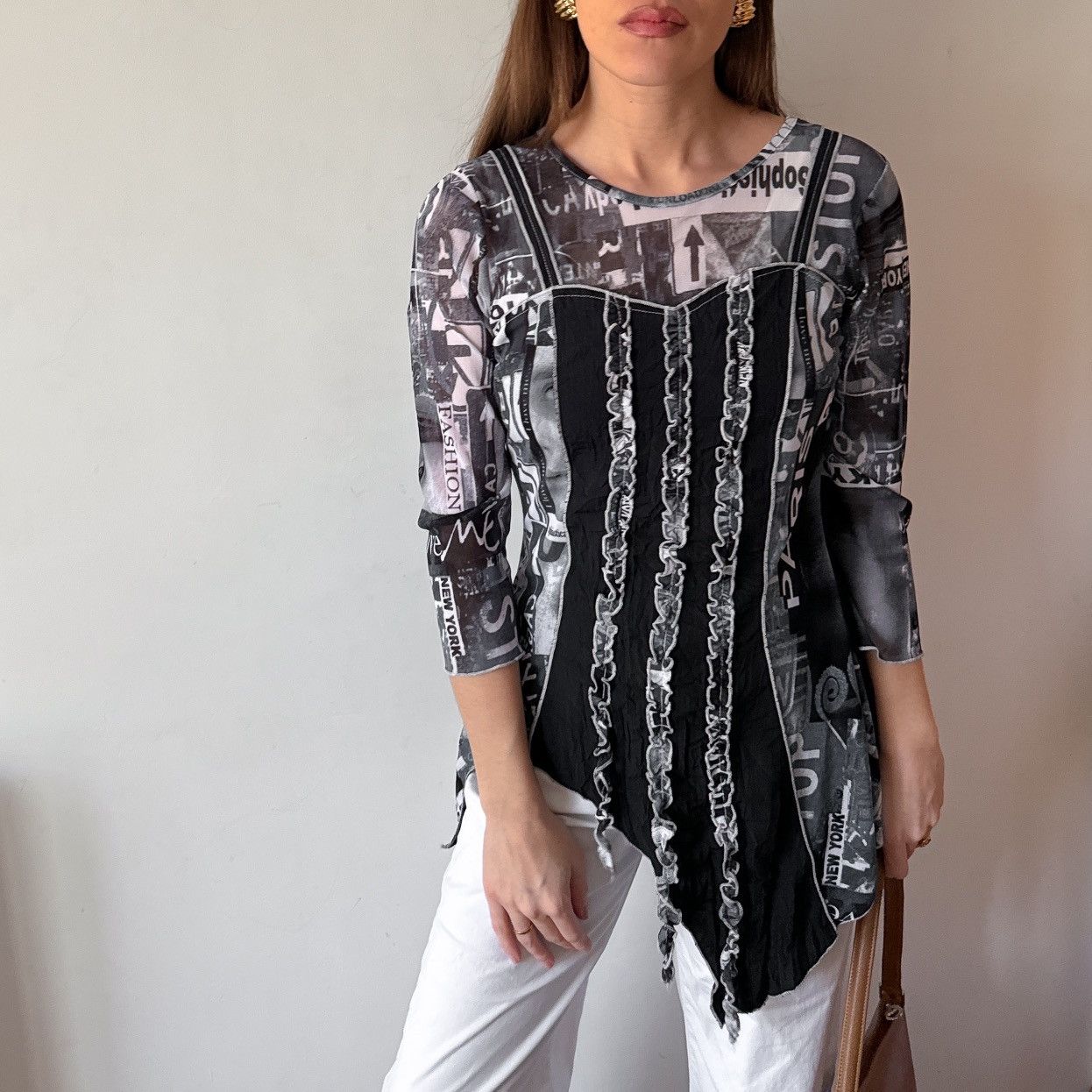 Vintage DPM 00s newspaper print asymmetric mesh Long sleeve / top Size M / US 6-8 / IT 42-44 - 1 Thumbnail