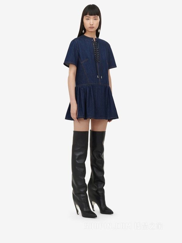 Alexander McQueen o1srvl11e0226 Lace Detail Denim Mini Dress In Blue Size XL / US 12-14 / IT 48-50 - 3 Thumbnail