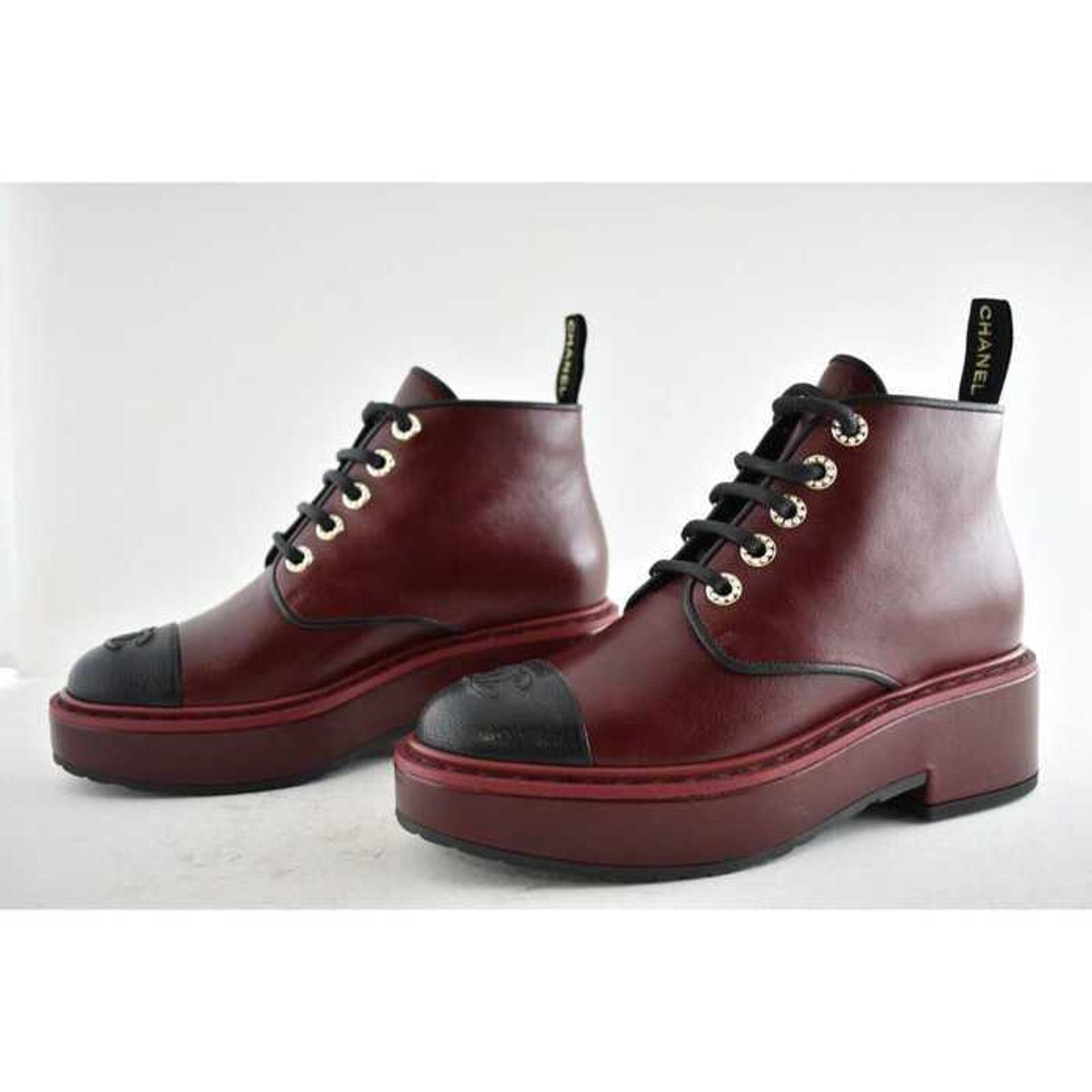 Chanel Chanel 20B Red Black Leather Pearl CC Combat Lace Up Tie Size US 6.5 / IT 36.5 - 5 Thumbnail