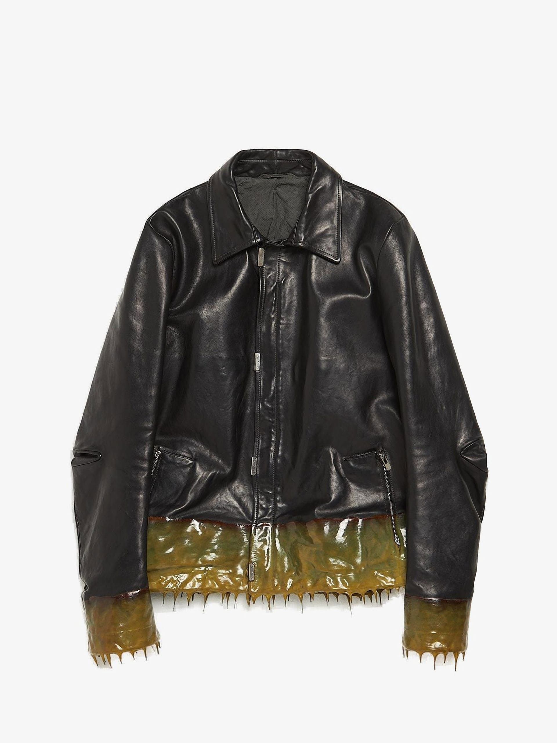 Black Green Drip Detailed Leather Zipped Jacket