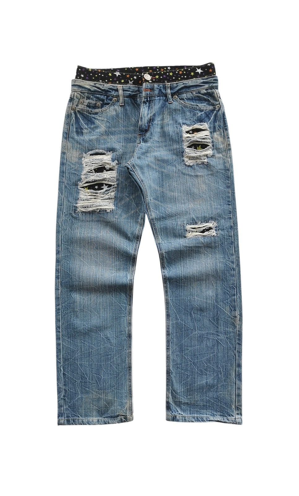 Japanese Brand Vintage Double Waist Distressed Jeans Star Waistband Size US 32 / EU 48 - 1 Thumbnail