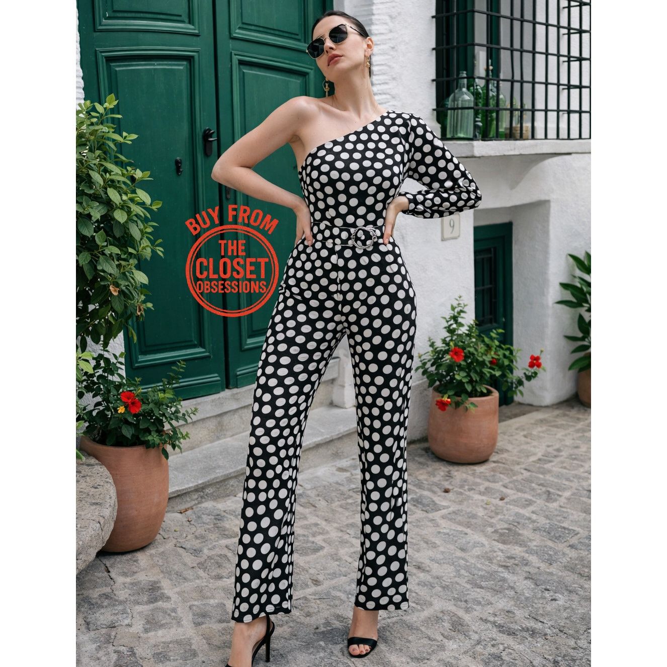Mango Mango Polka Dot One Shoulder Jumpsuit Straight Leg NWT Size 34" / US 12 / IT 48 - 1 Thumbnail
