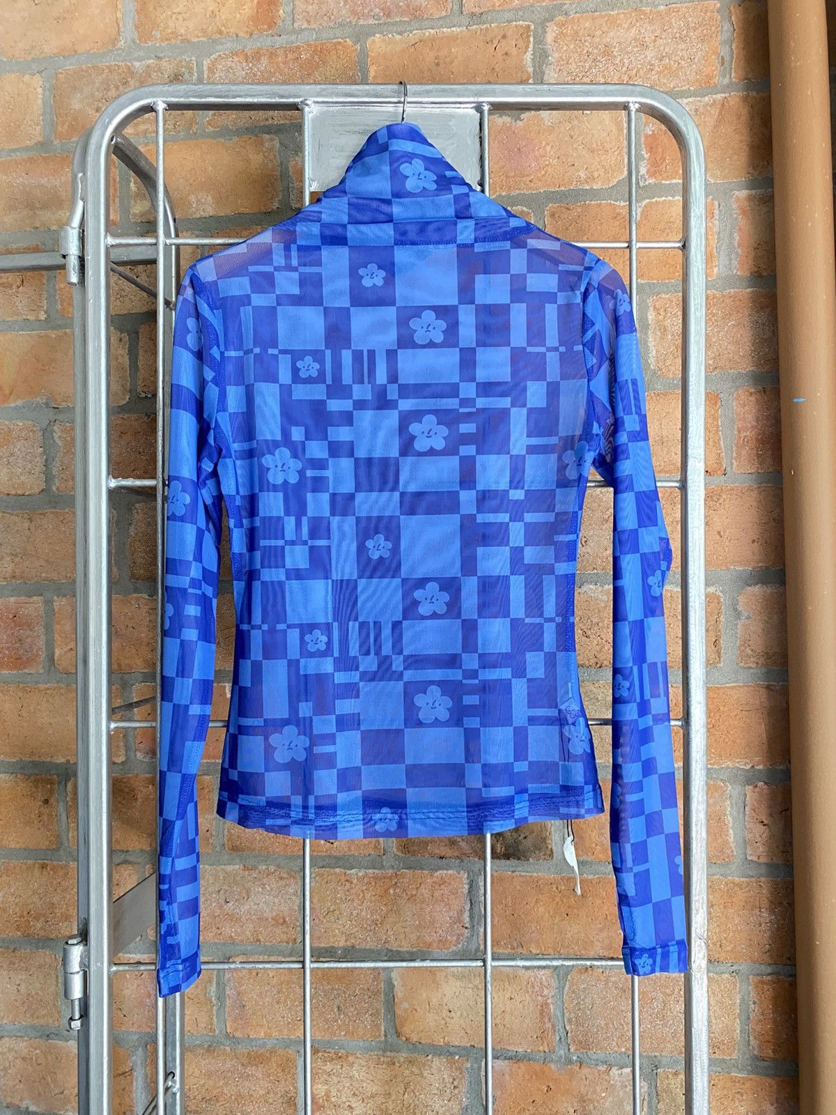 Japanese Brand Blue Sheer Checkered Floral Turtleneck Top Size S / US 4 / IT 40 - 12 Thumbnail