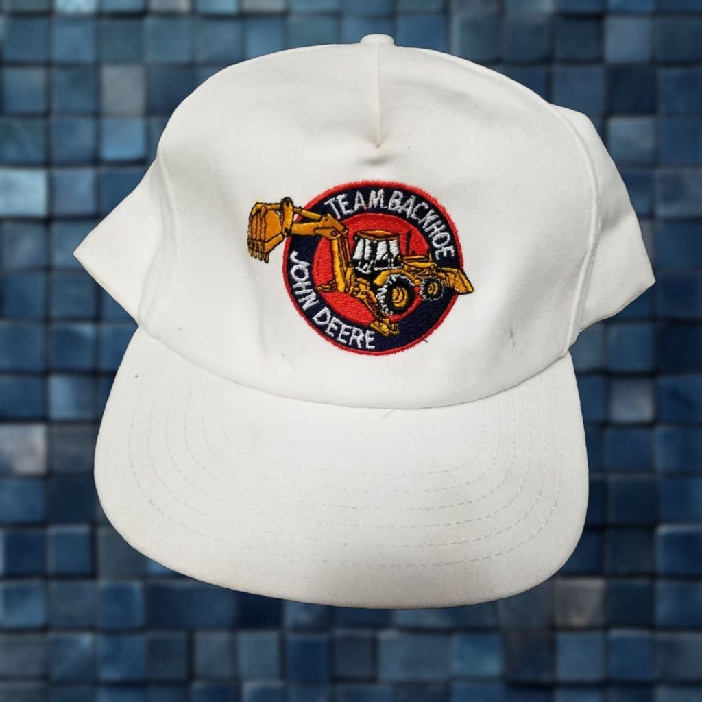 John Deere VINTAGE John Deere Hat Cap Snapback Men One Size White Adjustable Patch 90s Backhoe Logo American Made Size ONE SIZE - 1 Thumbnail
