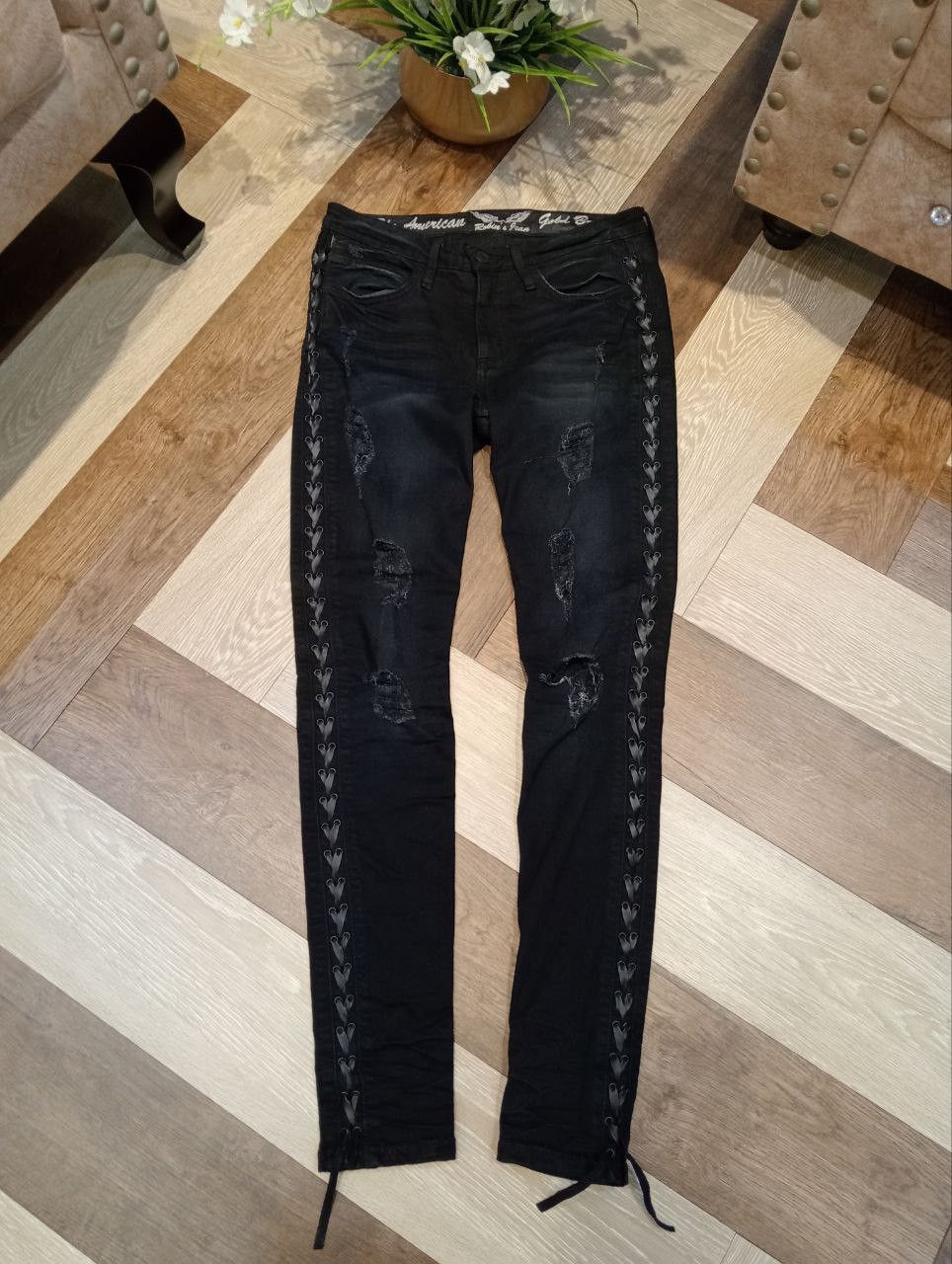 Robins Jeans ROBIN'S JEAN BLACK RIPPED FINISH LACE UP STRETCH SKINNY PANT Size 28" / US 6 / IT 42 - 1 Thumbnail