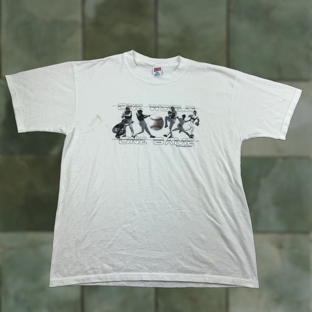 Soffe VINTAGE Soffe Baseball Shirt Men L White 90s Sports One World One Game Crew Neck Short Sleeve Size US L / EU 52-54 / 3 - 1 Thumbnail