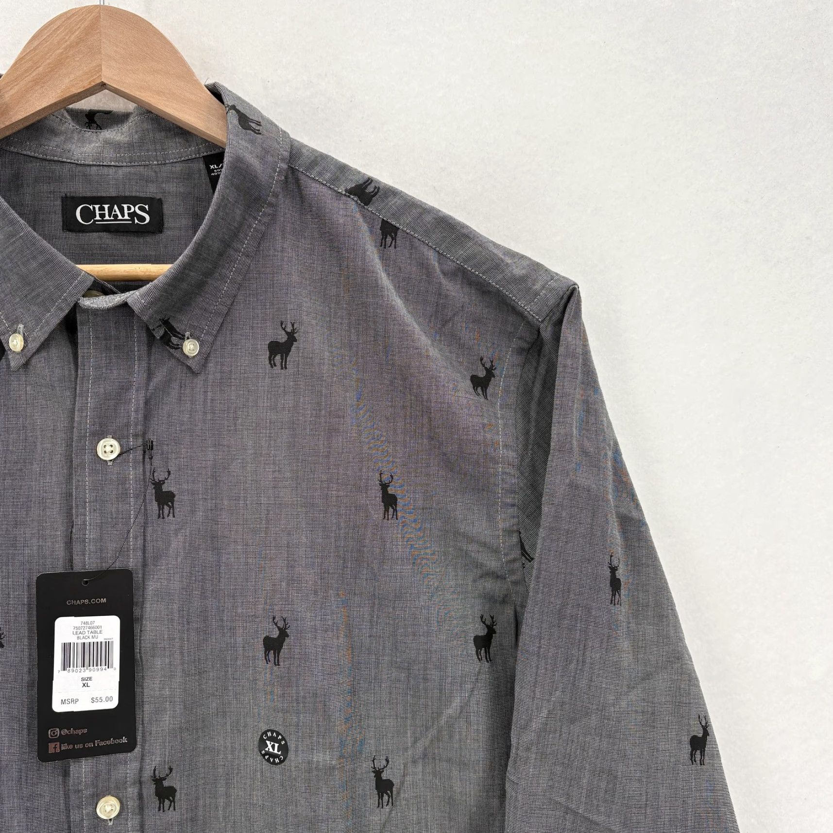 Chaps Chaps Shirt Mens XL Gray Black Deer Print Button-Down Long Sleeve Size US XL / EU 56 / 4 - 2 Thumbnail