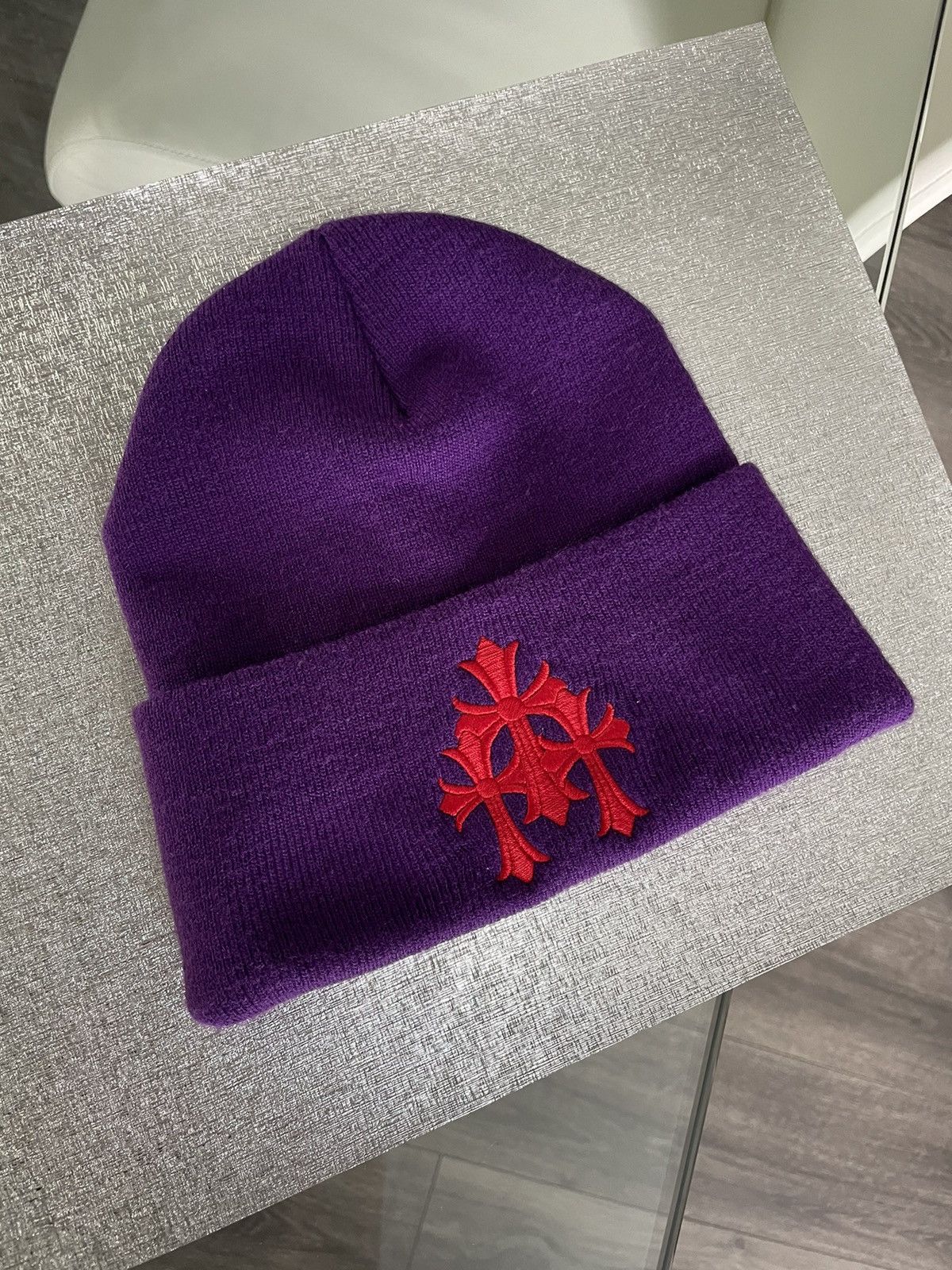 image of Chrome Hearts Hollywood Cross Beanie in Purple, Men's
