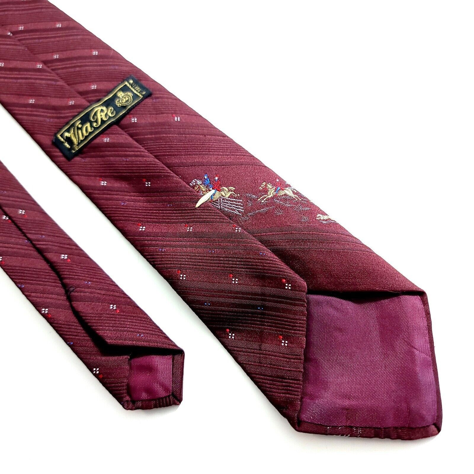Vintage Via Re Woven Red Brown Horse & Jockey Short Skinny Silk Tie Size ONE SIZE - 4 Thumbnail