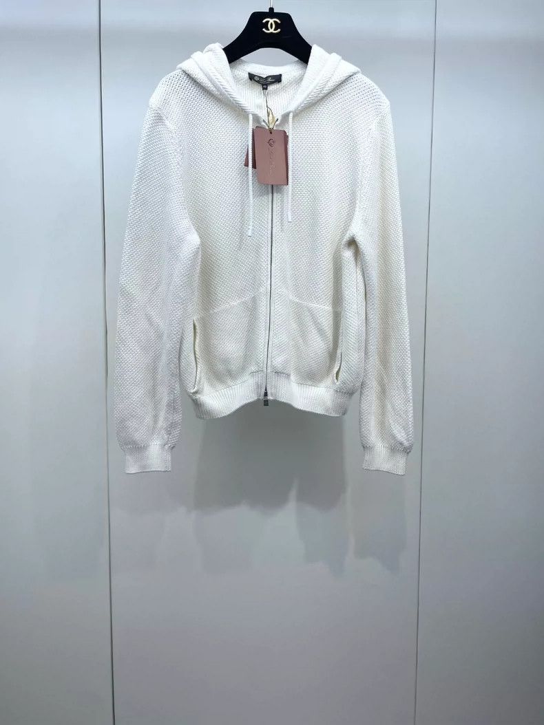 LORO PIANA Cream white hooded zipper knit sweater