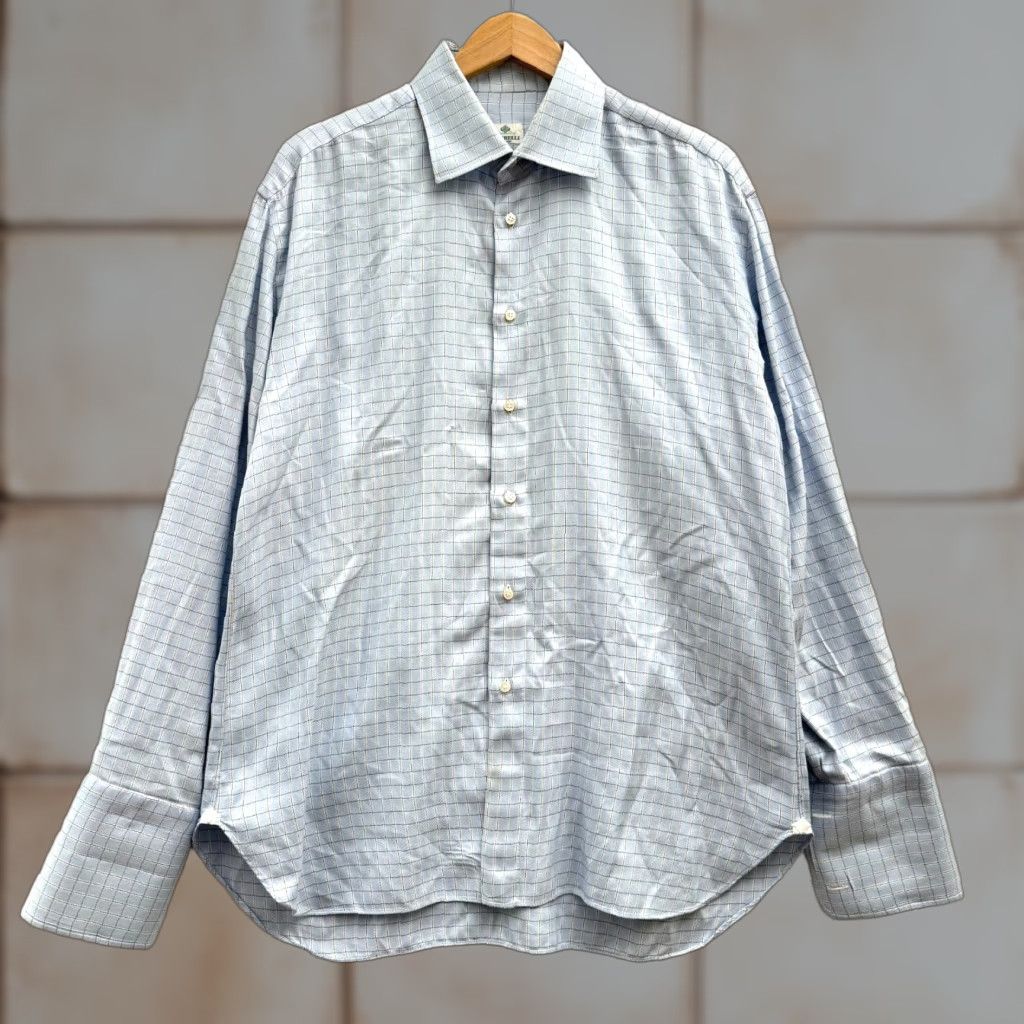Luigi Borrelli Dress Shirt Blue Plaid Long Sleeve Button Collar Italy L Men’s Regular 100% Cotton