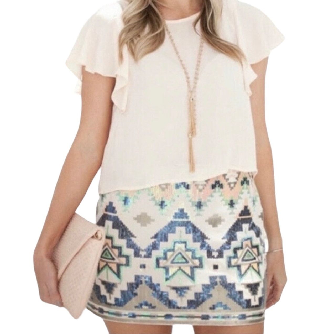 Express EXPRESS Ivory Aztec Sequin pull up Mini Skirt Size M Size 34" / US 12 / IT 48 - 1 Thumbnail