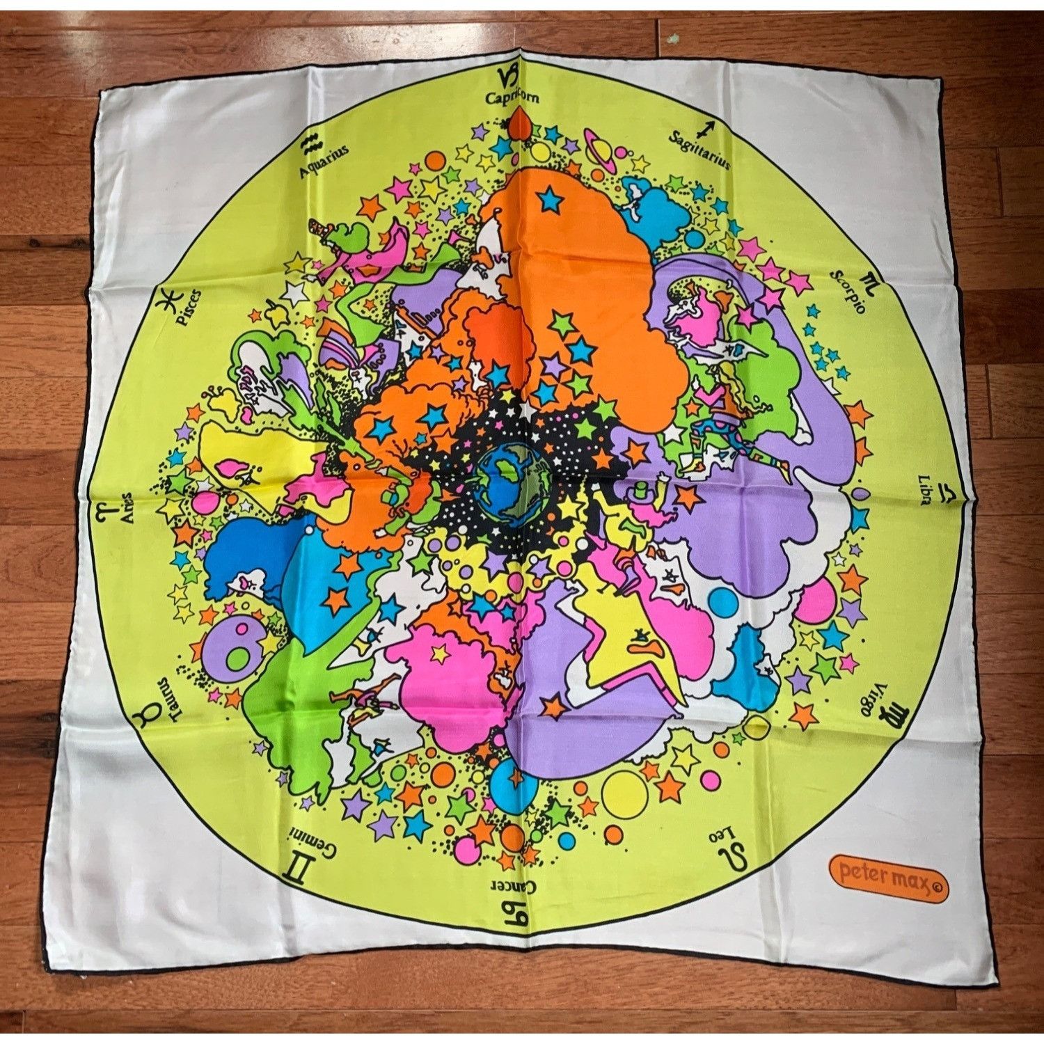 image of Vintage Women Peter Max Zodiac Silk Scarf Made In Japan in Yellow Orange Purple