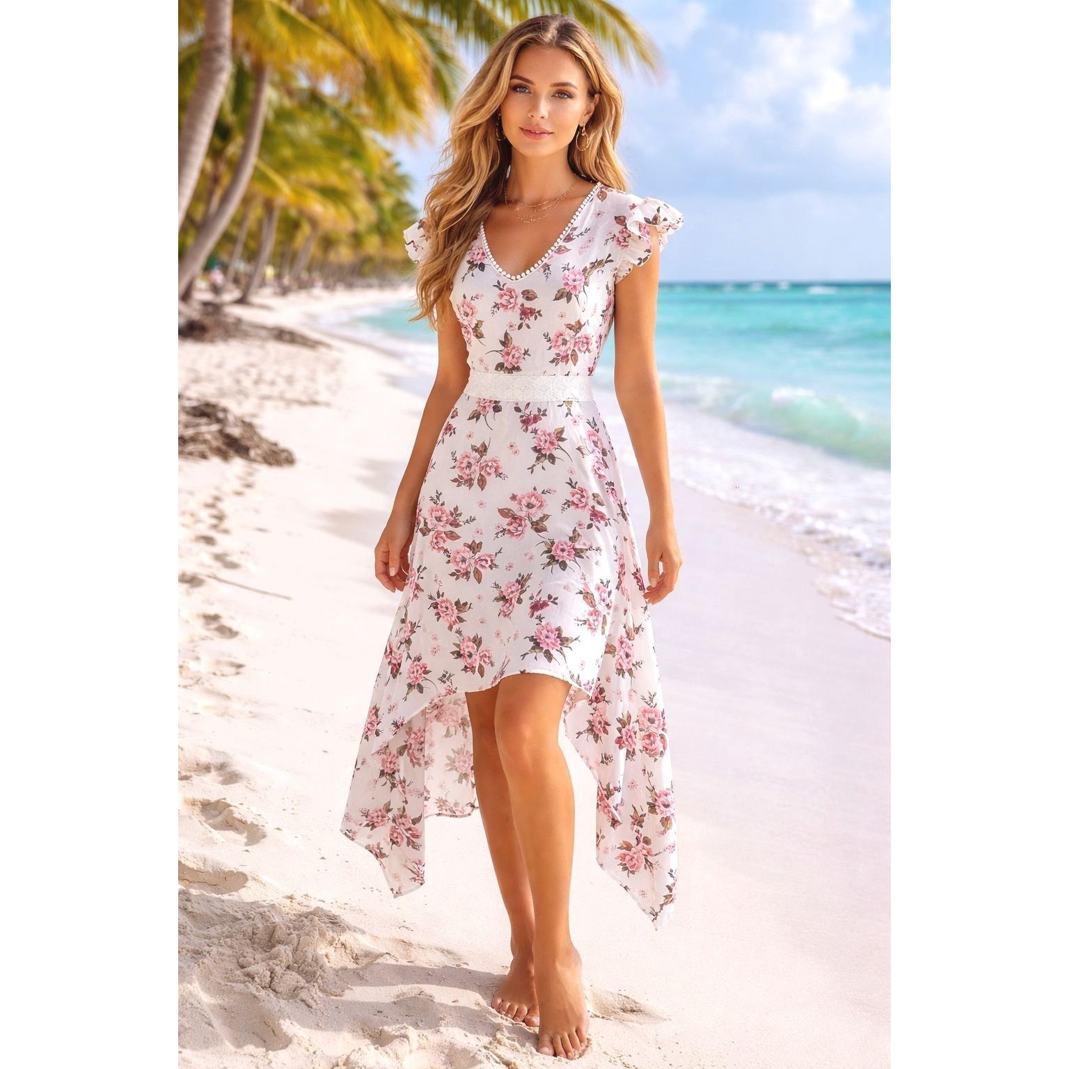 Other Cupshe Size L Ivory Pink Floral Lace Waist High Low Handkerc Size L / US 10 / IT 46 - 1 Thumbnail