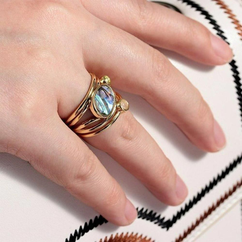 Designer Retro Moonstone Mosaic Gold Bohemian Ring - Size 6 Size ONE SIZE - 6 Thumbnail